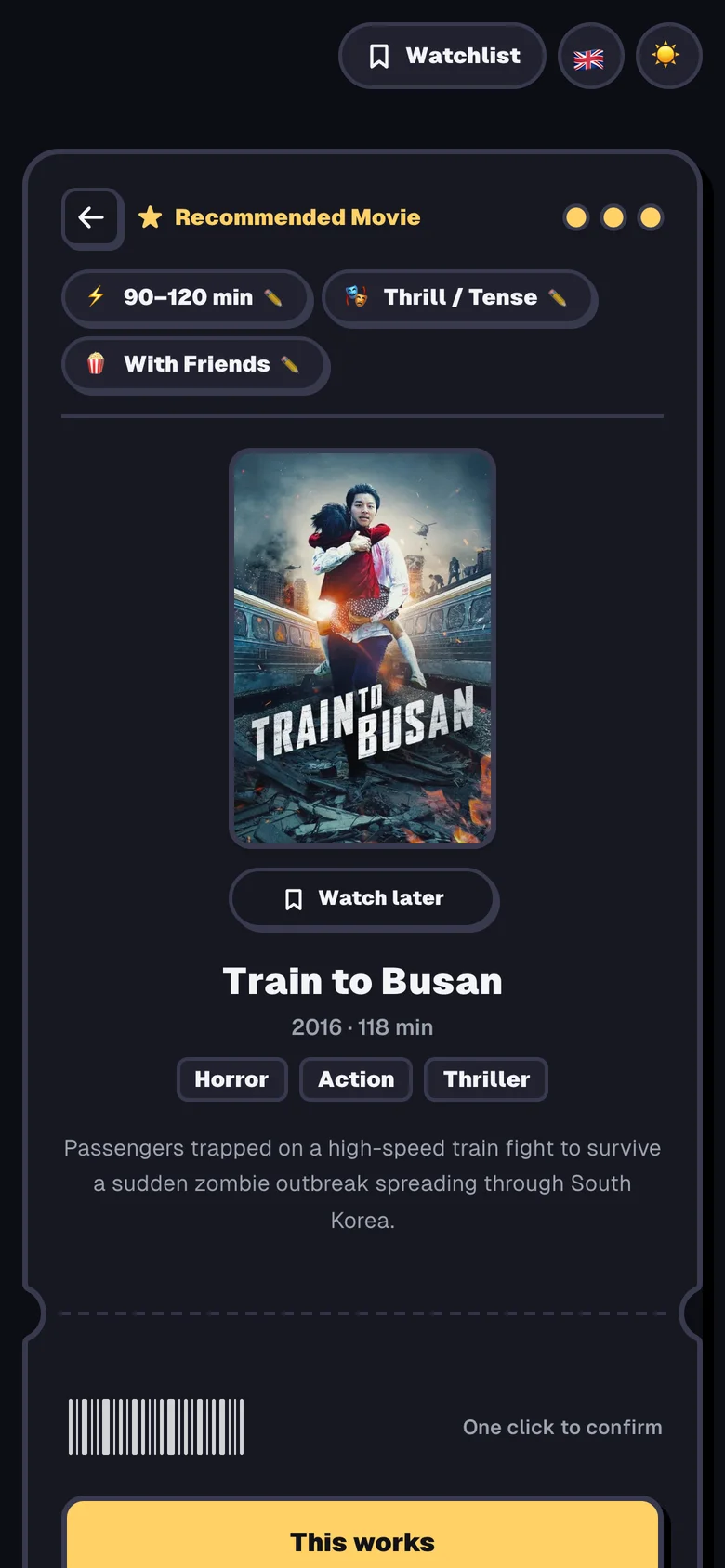 Recommended movie ticket with poster, runtime, genres, and synopsis