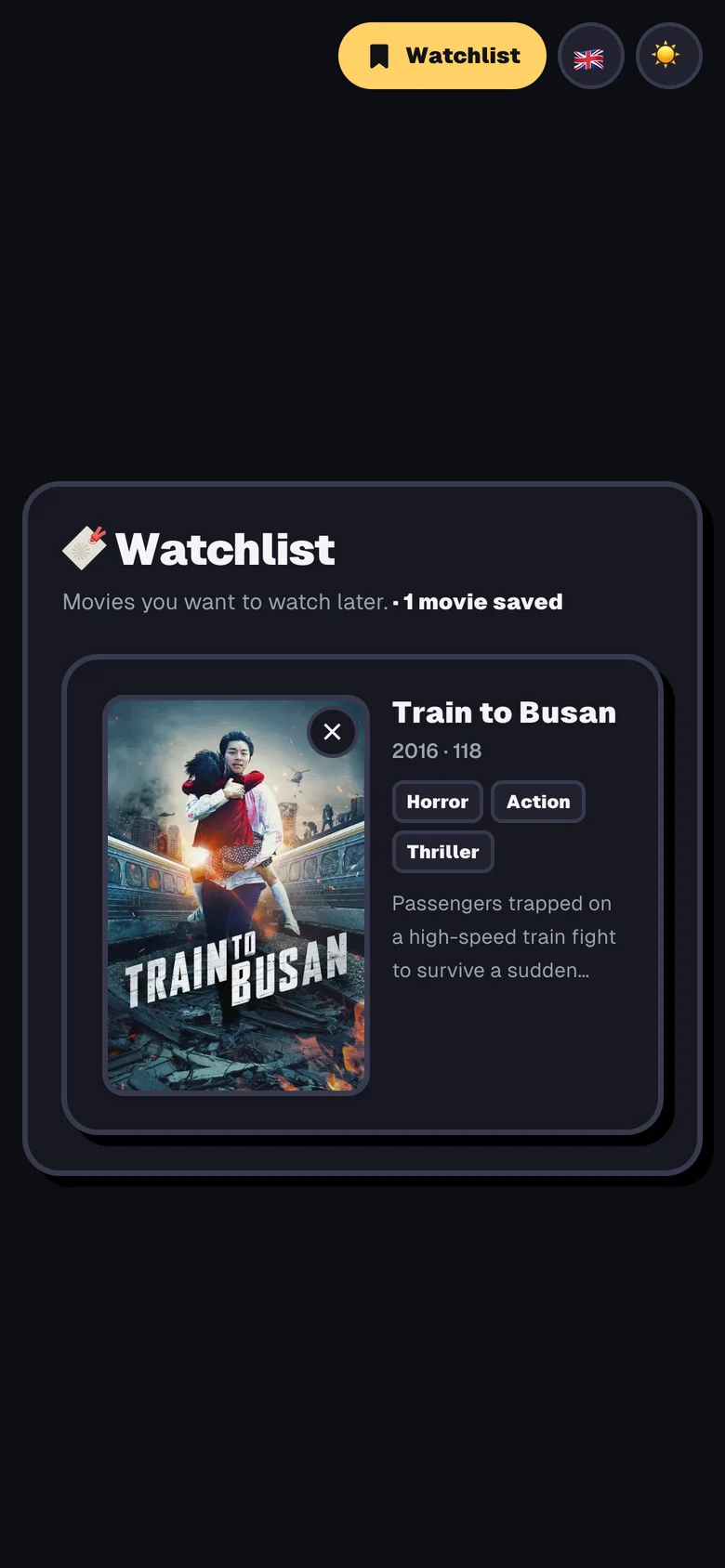 Watchlist with one saved movie